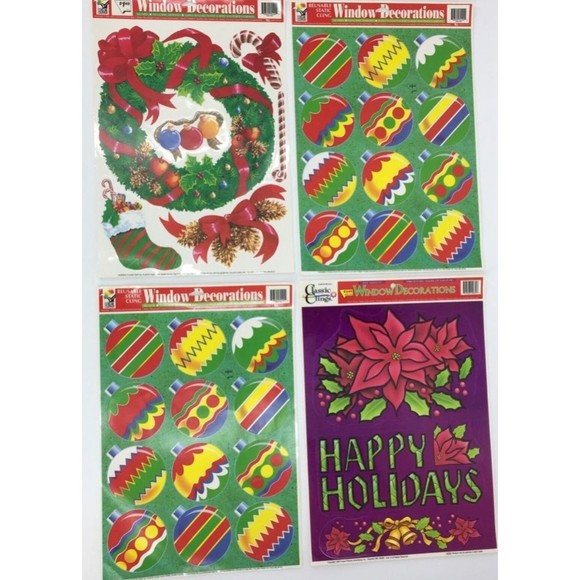 Vintage Christmas Window Clings 4 Sheets 33 pieces Ornaments Wreath Candy Cane - Picture 1 of 12